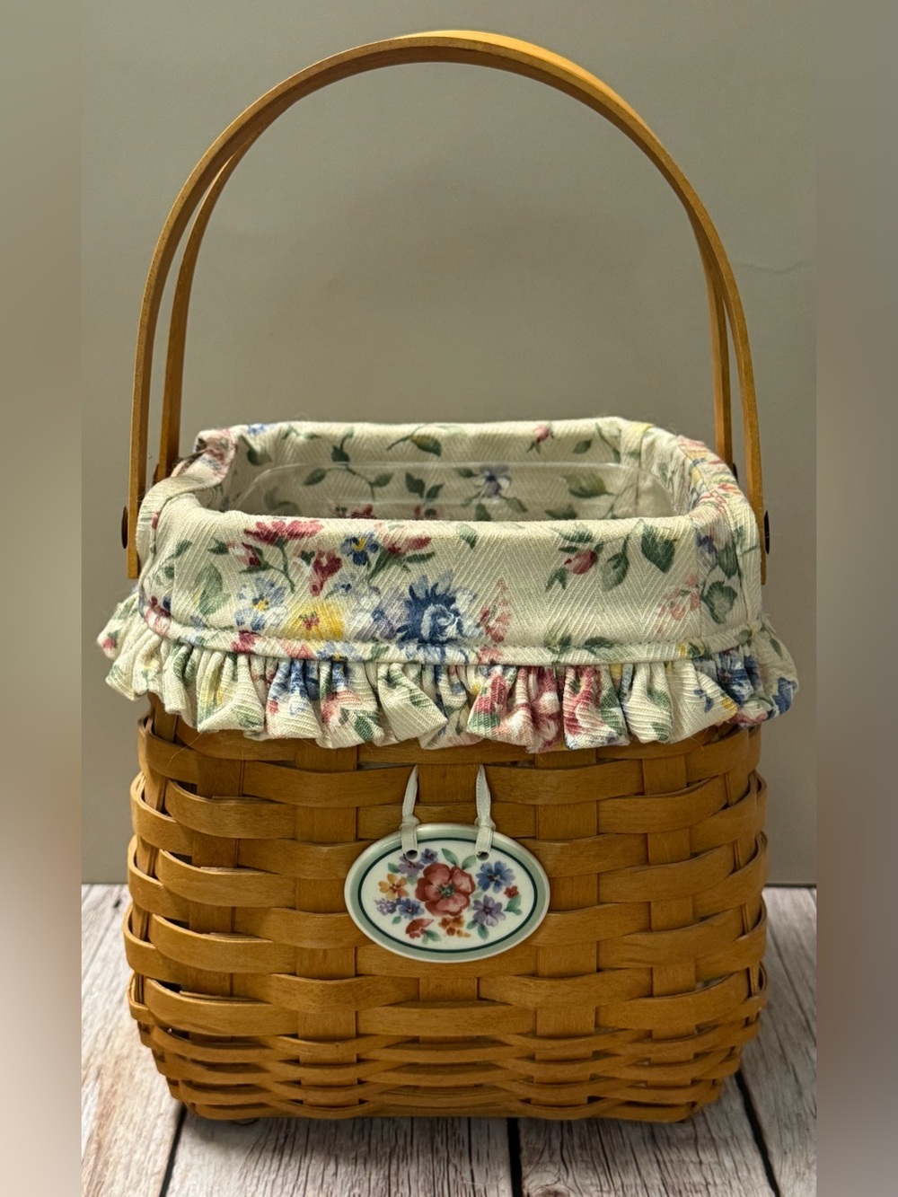 2002 Longaberger Tote Basket Combo Spring Floral Fabric Liner & Charm +Protector